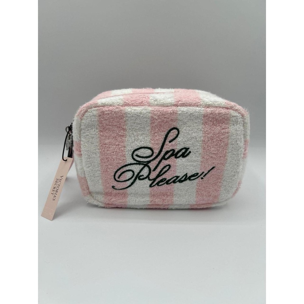 Victoria's Secret Spa Please Plush Makeup Bag Pink White Stripe NWT